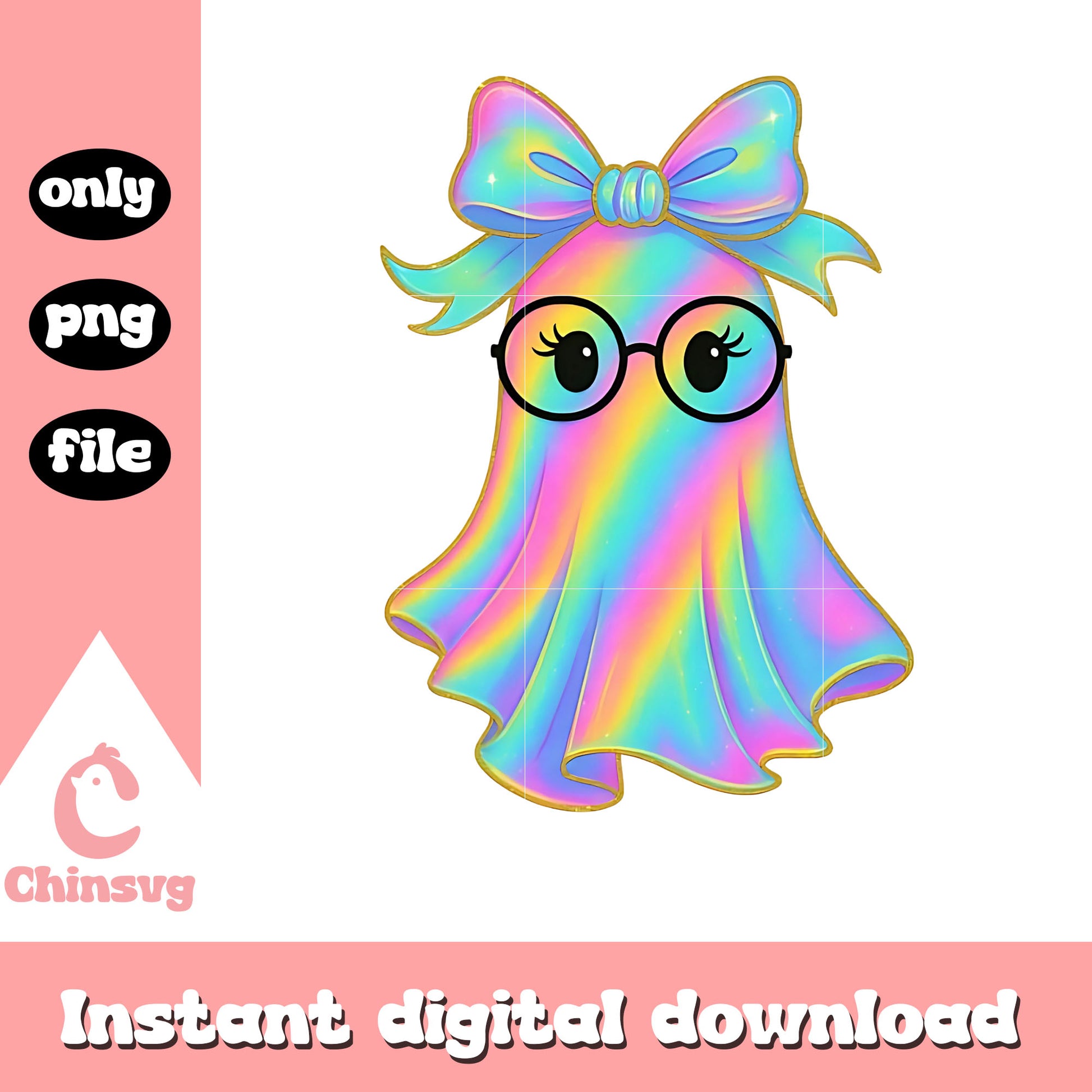 Coquette bow ghost glasses hologram design png, cute ghost png