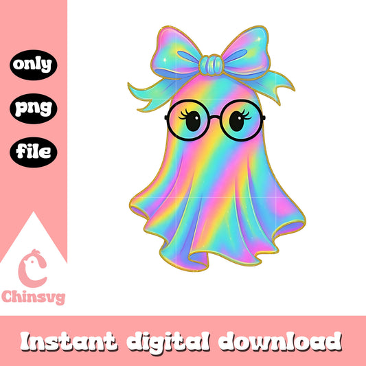 Coquette bow ghost glasses hologram design png, cute ghost png