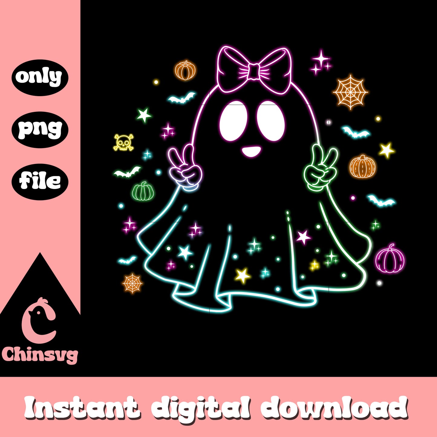 Coquette bow ghost halloween neon art png, happy halloween png