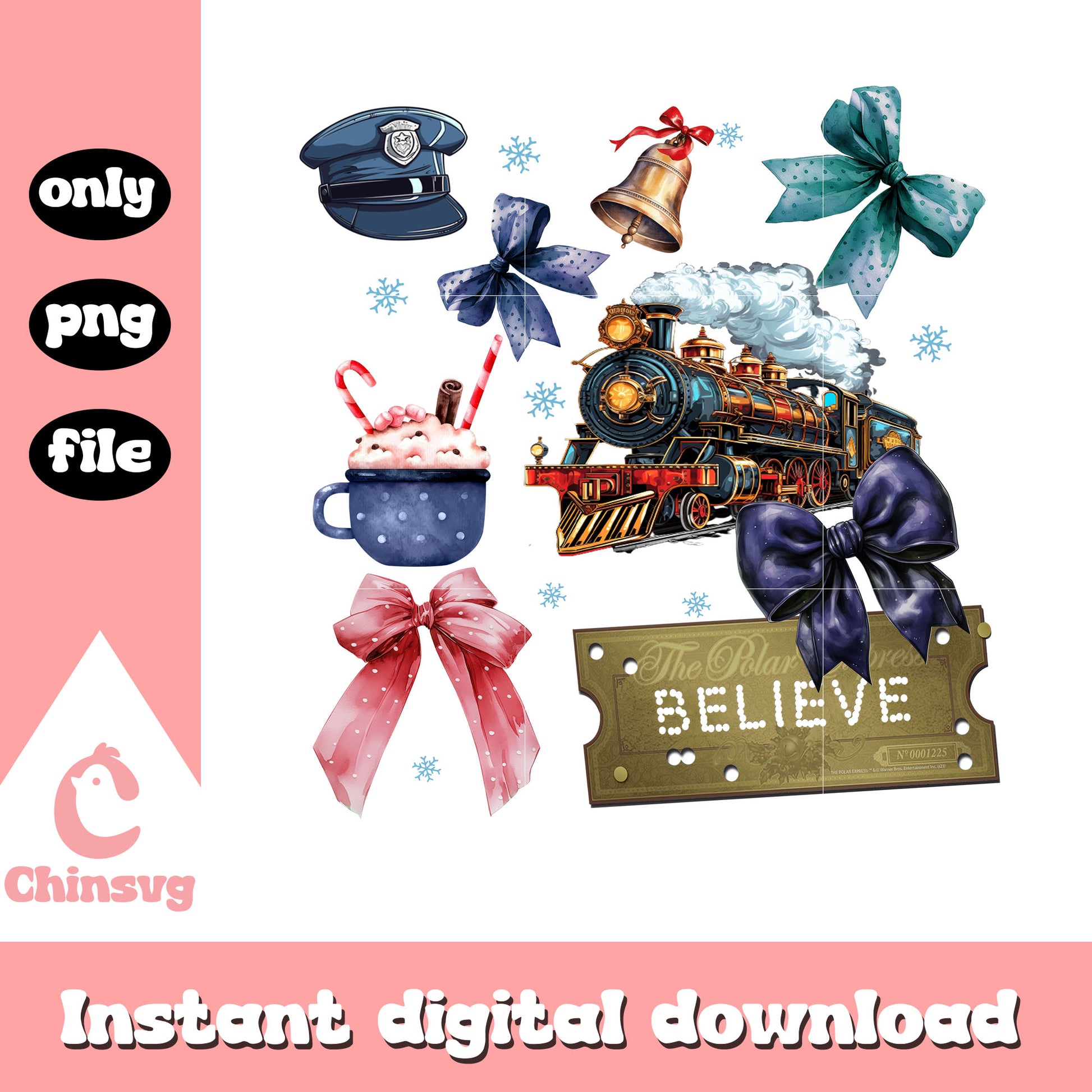 Coquette bow polar express png, christmas train​ ​​png