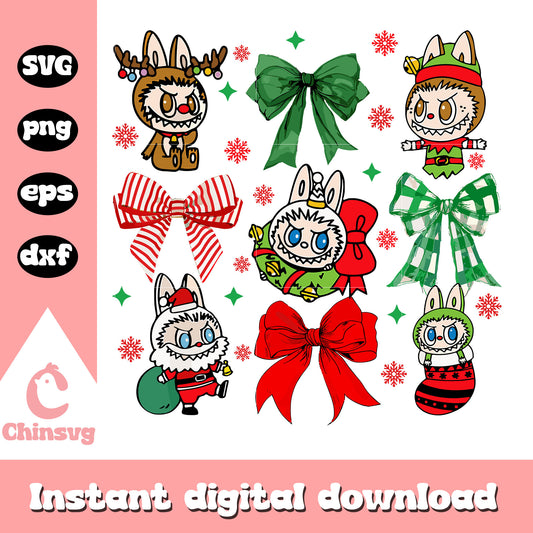 Coquette ribbon christmas labubu doll svg, labubu christmas tree svg