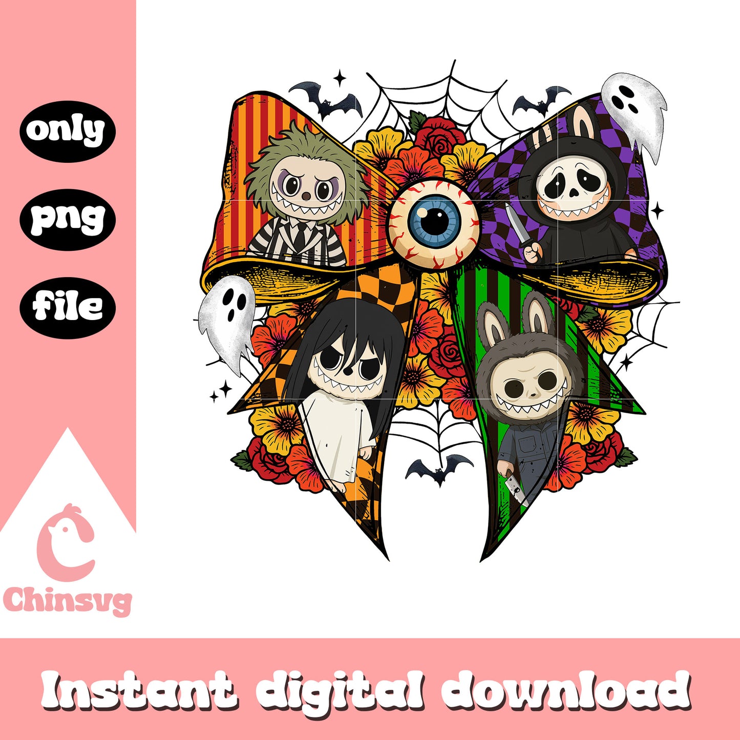 Coquette ribbon classic labubu design png, horror movie characters png