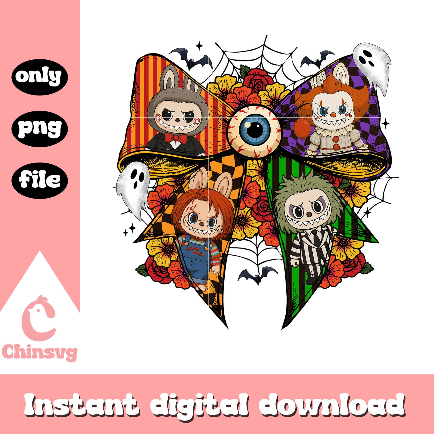 Coquette ribbon halloween labubu art png, horror movies characters​ png