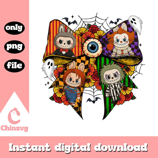 Coquette ribbon halloween labubu art png, horror movies characters​ png