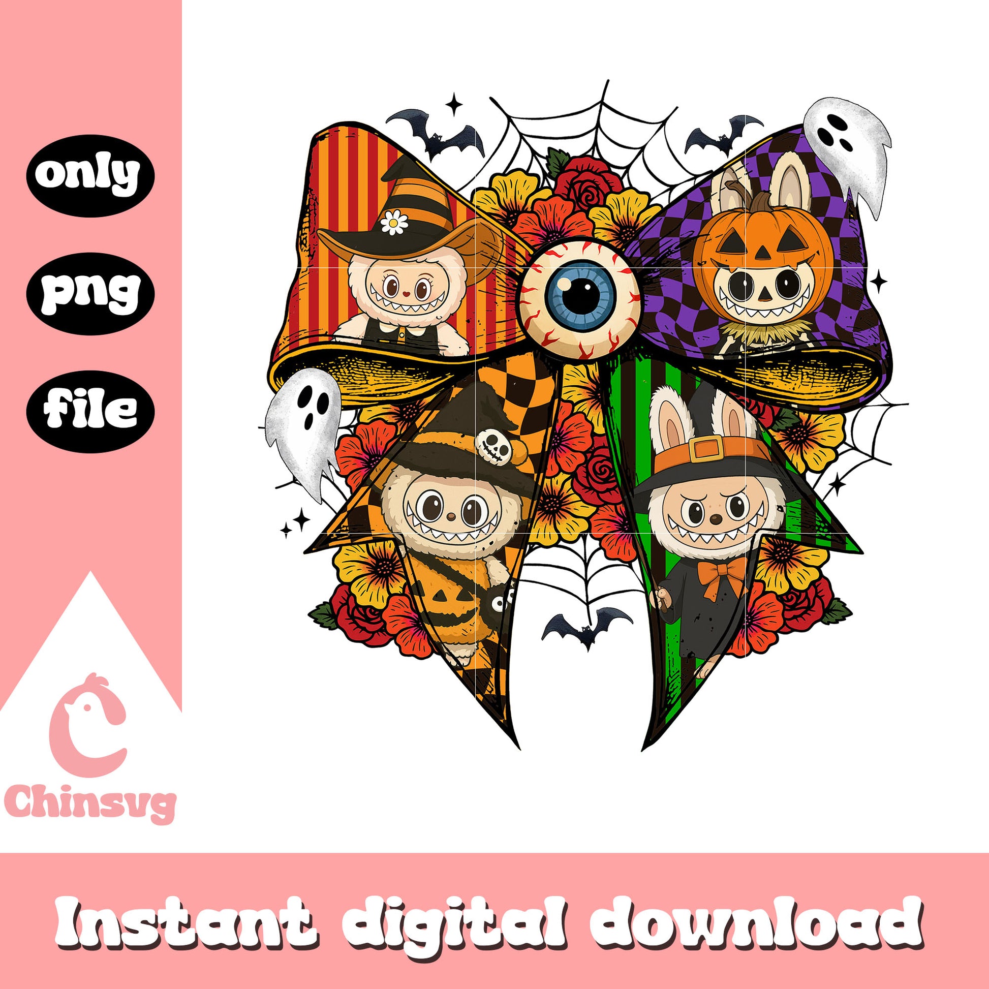 Coquette ribbon halloween labubu design png, labubu monsters png