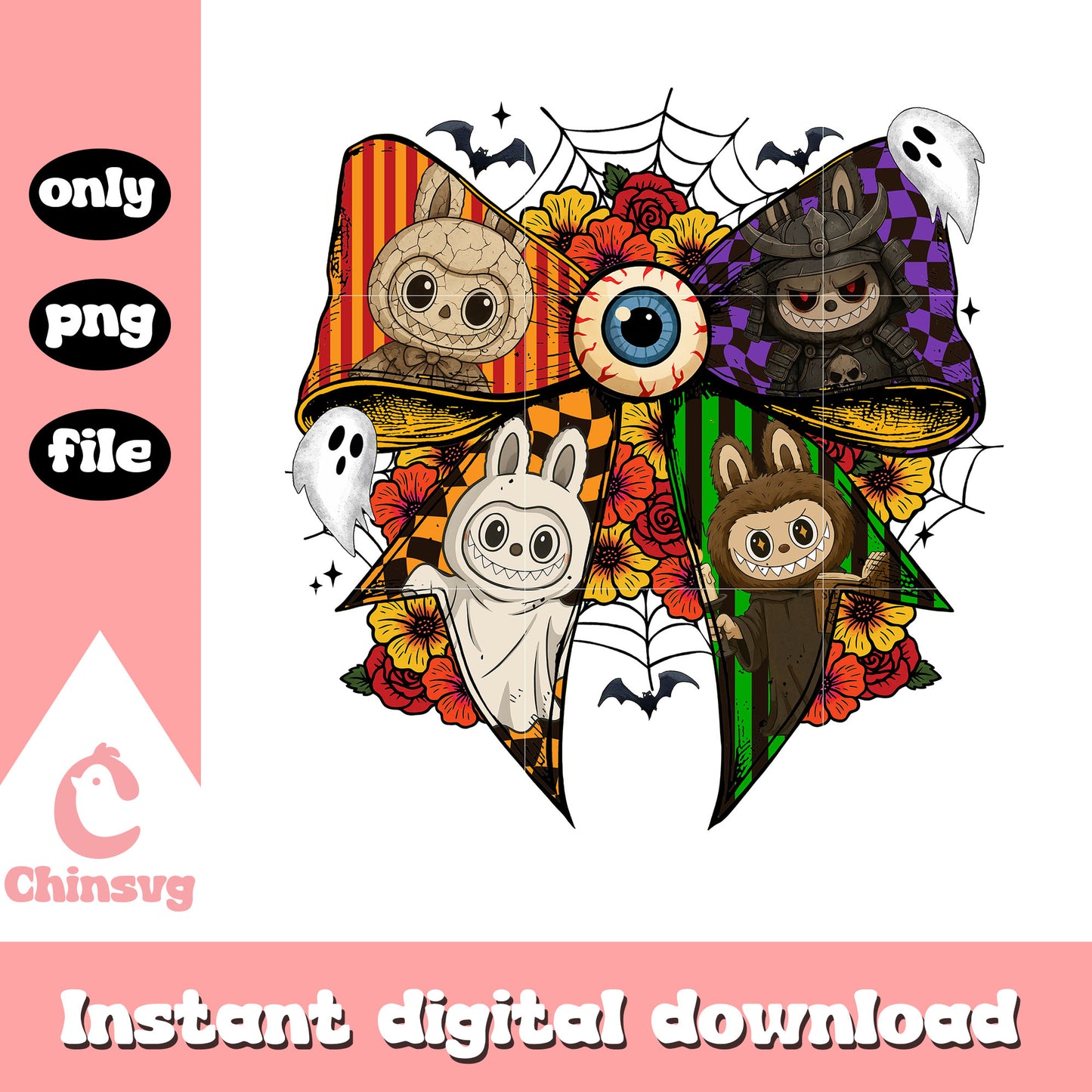 Coquette ribbon halloween labubu png, character horror movie png