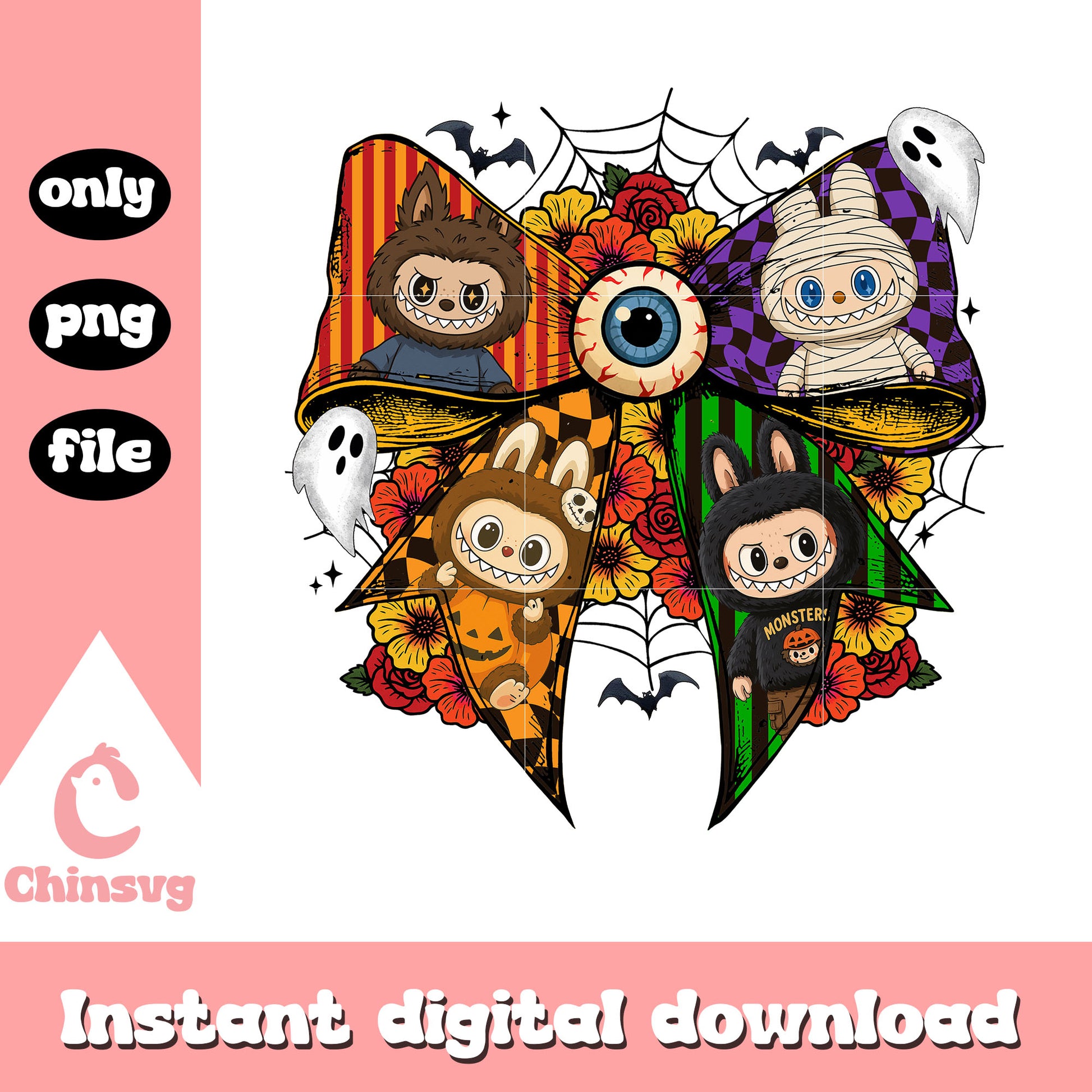 Coquette ribbon halloween monster labubu art png, labubu​ cartoon png