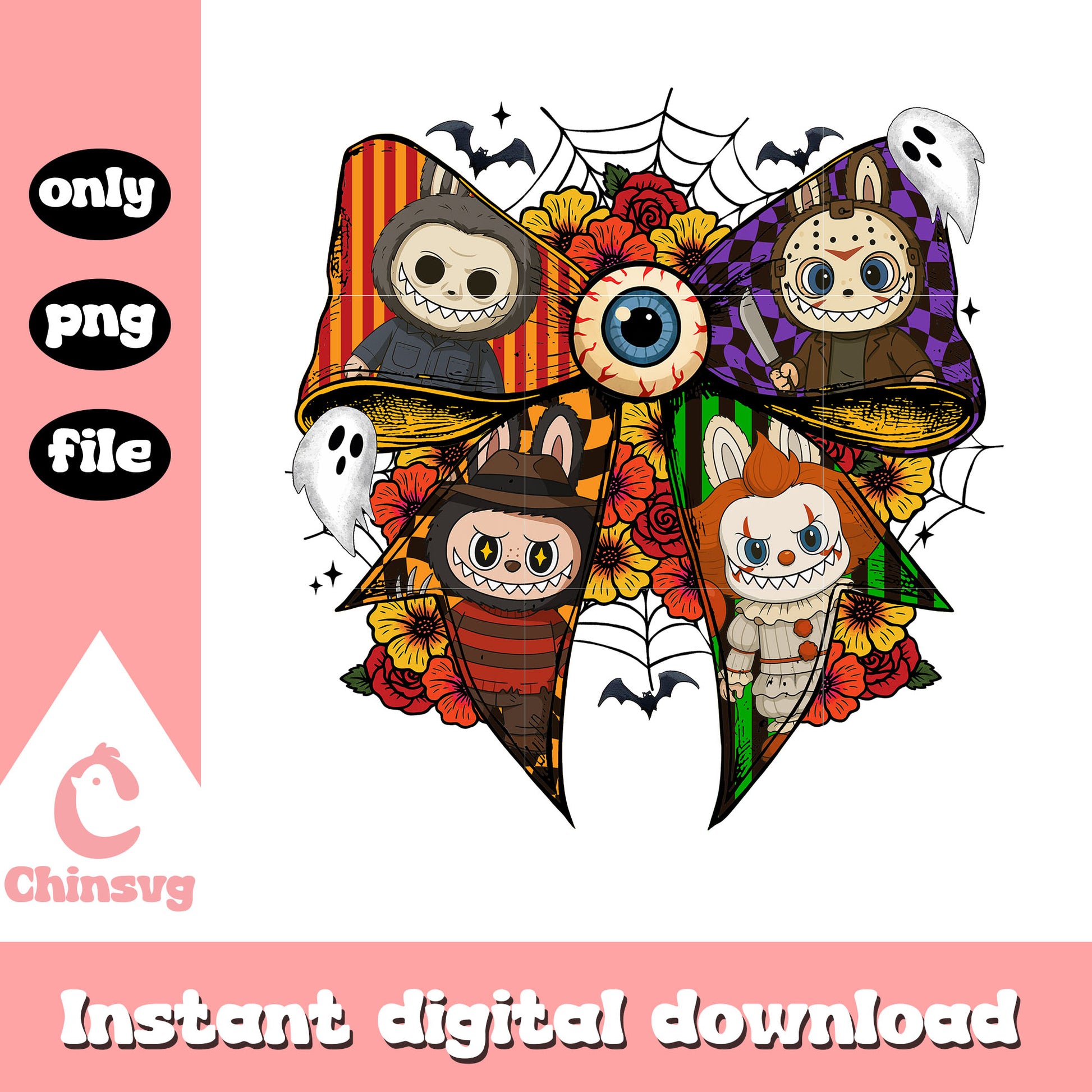 Coquette ribbon horror characters labubu png, happy halloween png