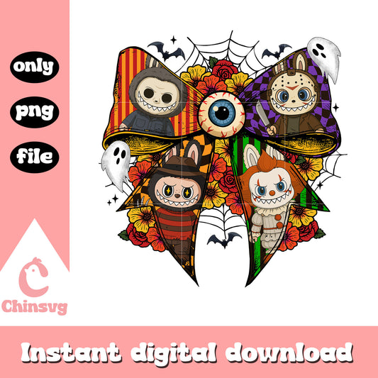 Coquette ribbon horror characters labubu png, happy halloween png