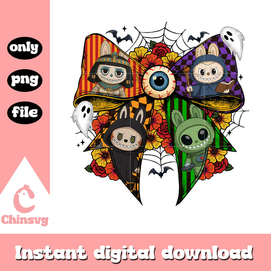Coquette ribbon horror halloween labubu png, spooky characters png