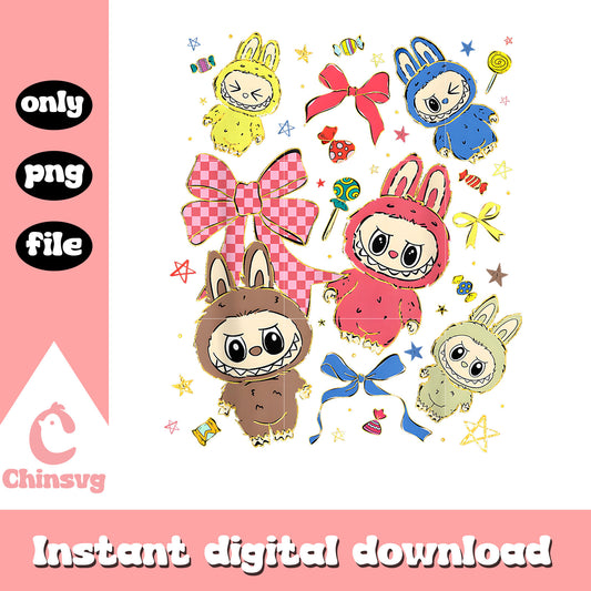 Coquette ribbon labubu colors design png, labubu coloring png