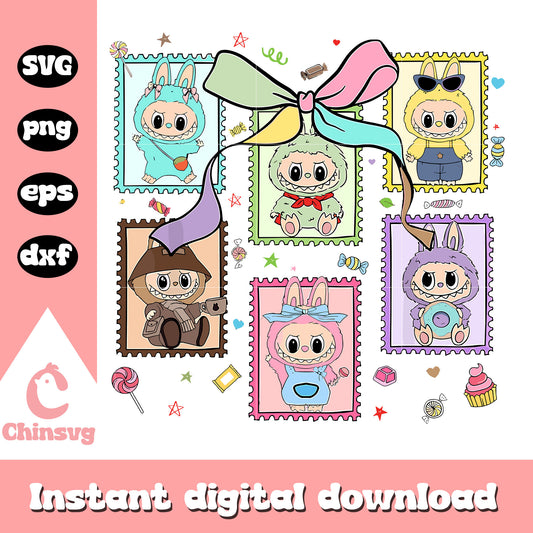 Coquette ribbon labubu doll frame svg, labubu outfits svg