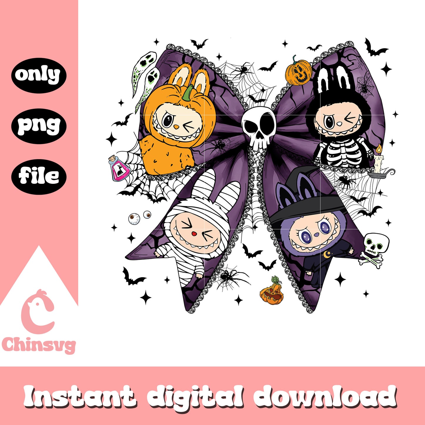 Coquette ribbon labubu halloween design png, labubu halloween png
