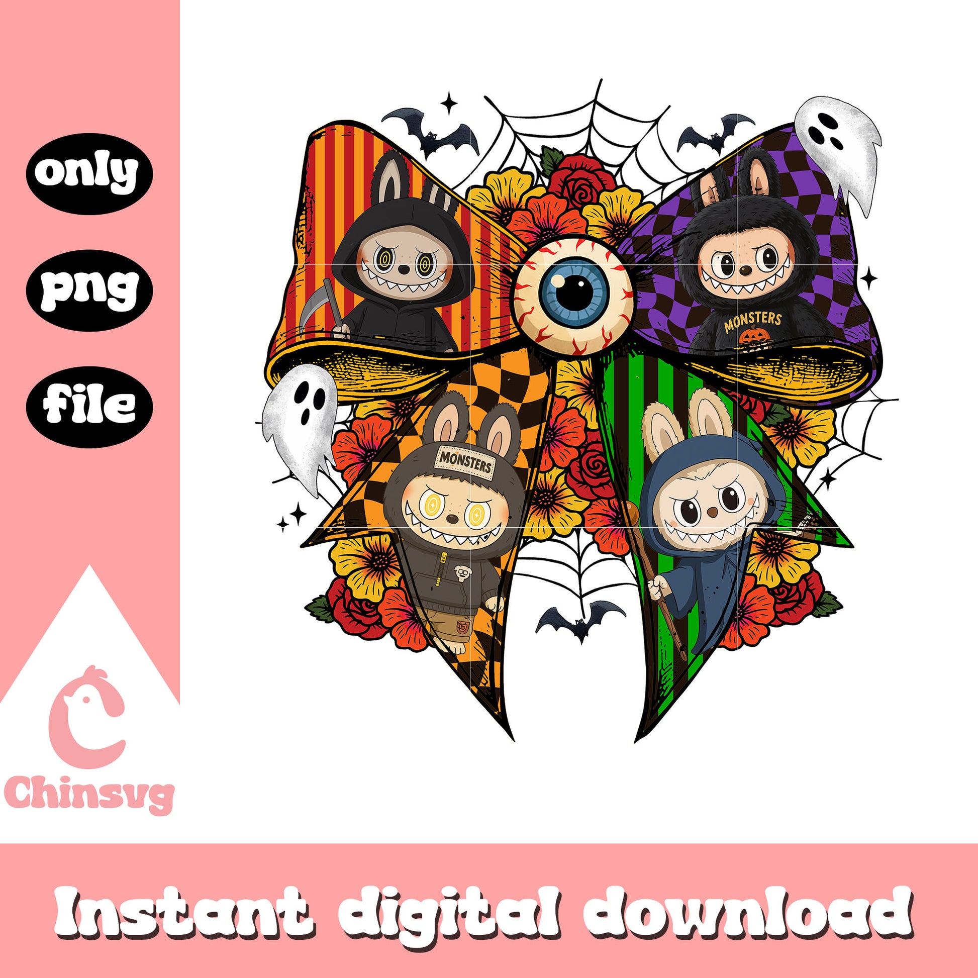 Coquette ribbon labubu happy halloween png,​ halloween labubu png