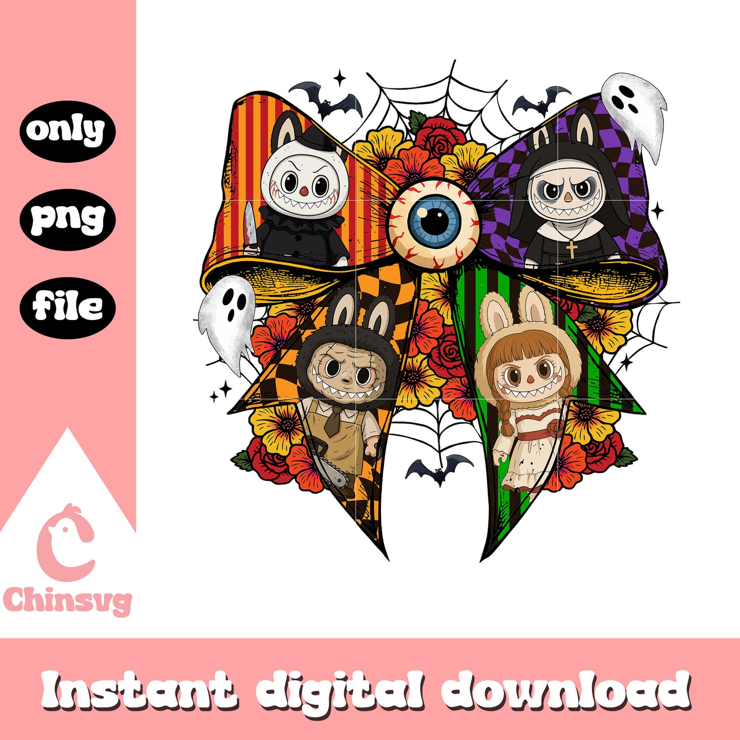 Coquette ribbon labubu scary halloween png,​ halloween decor png