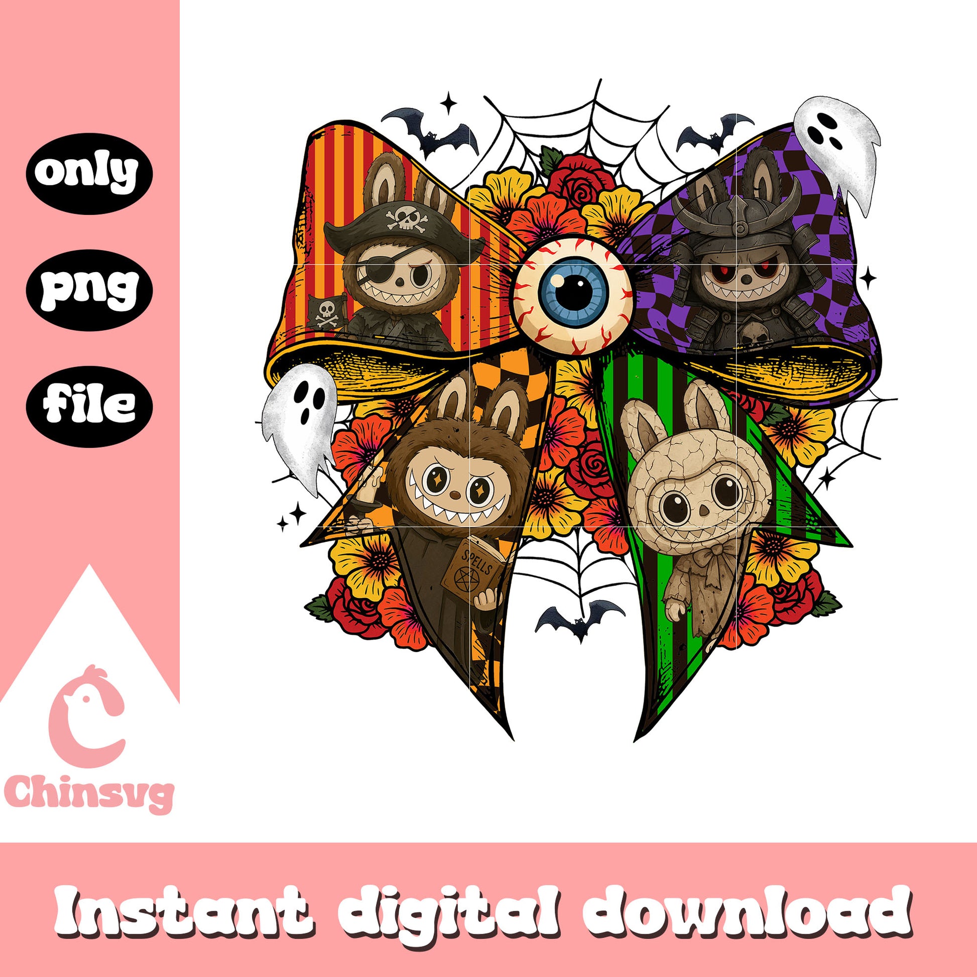 Coquette ribbon labubu terrible halloween png,​ halloween art png