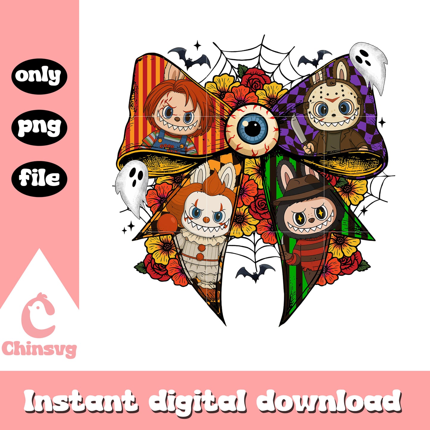 Coquette ribbon spooky characters labubu png, scary movies png
