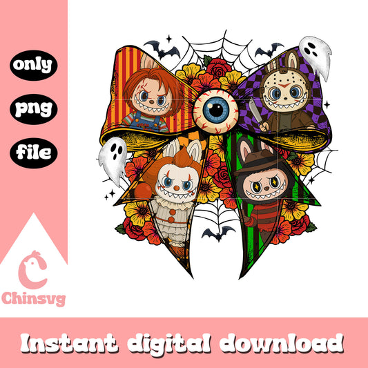 Coquette ribbon spooky characters labubu png, scary movies png