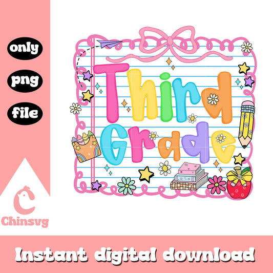 Coquette third grade frame design png, back to school sign png