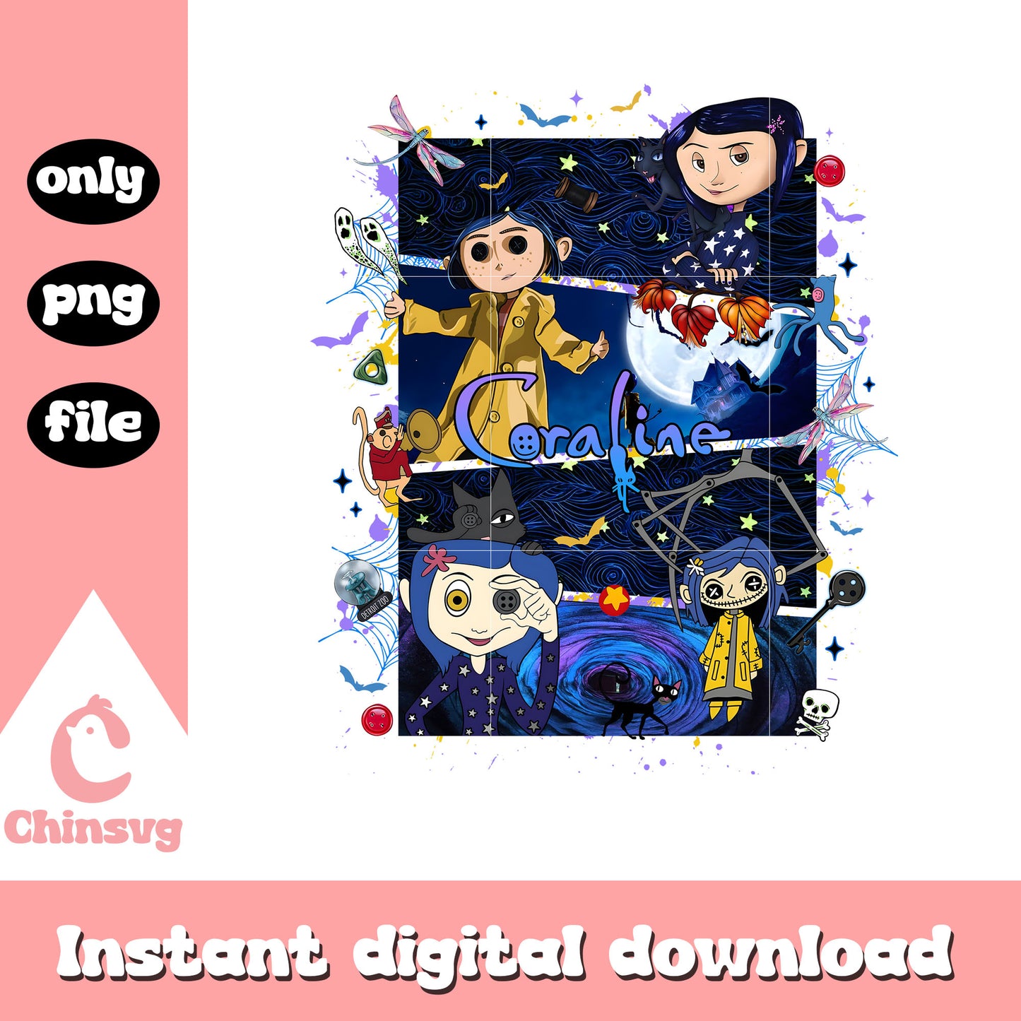 Coraline cartoon halloween collage picture png, coraline outfit png