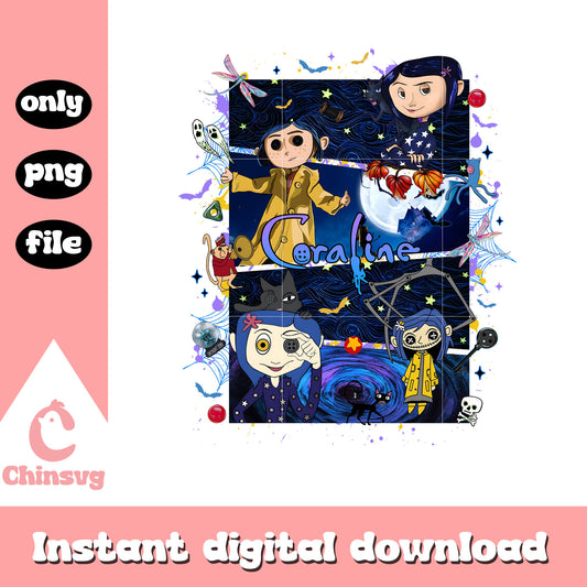 Coraline cartoon halloween collage picture png, coraline outfit png