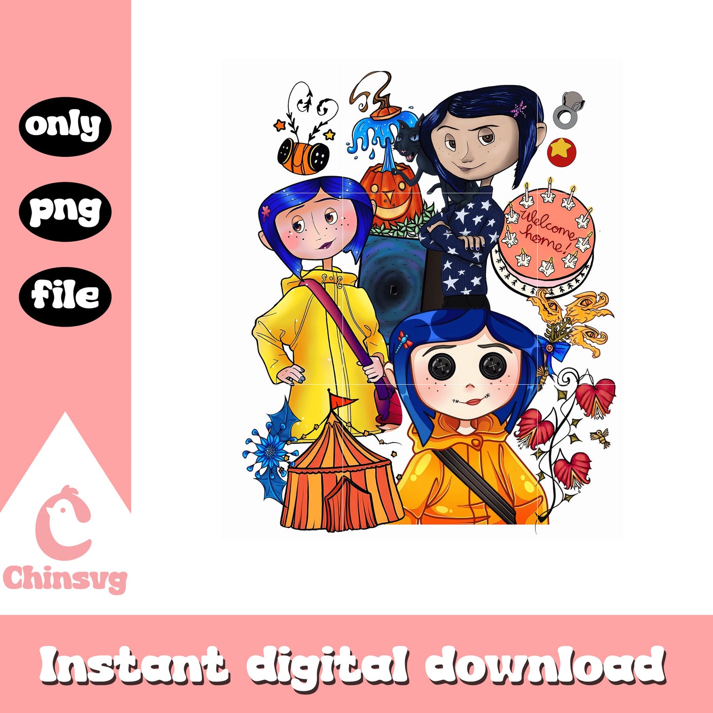 Coraline cartoon welcome home graphic design png, coraline merch png