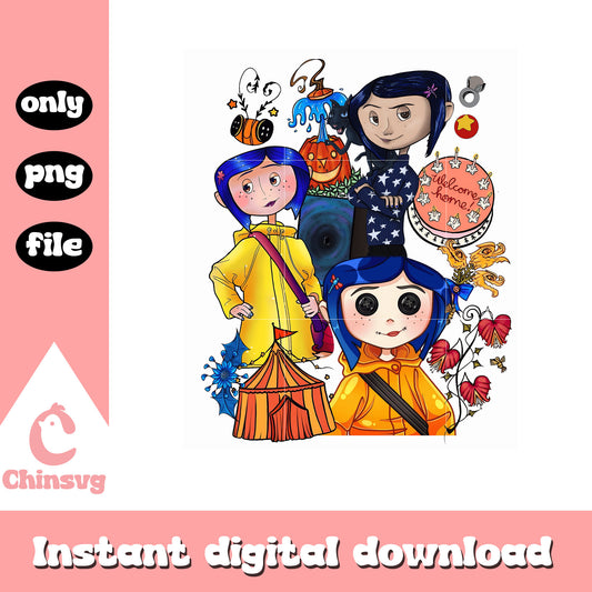 Coraline cartoon welcome home graphic design png, coraline merch png