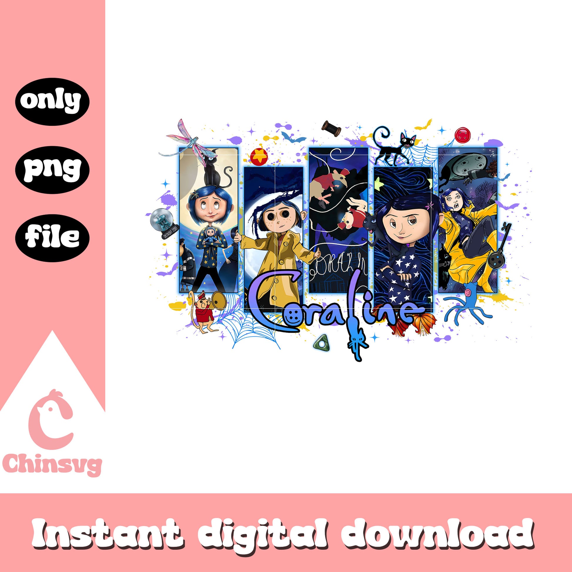 Coraline cat halloween frame design png, coraline button eyes png