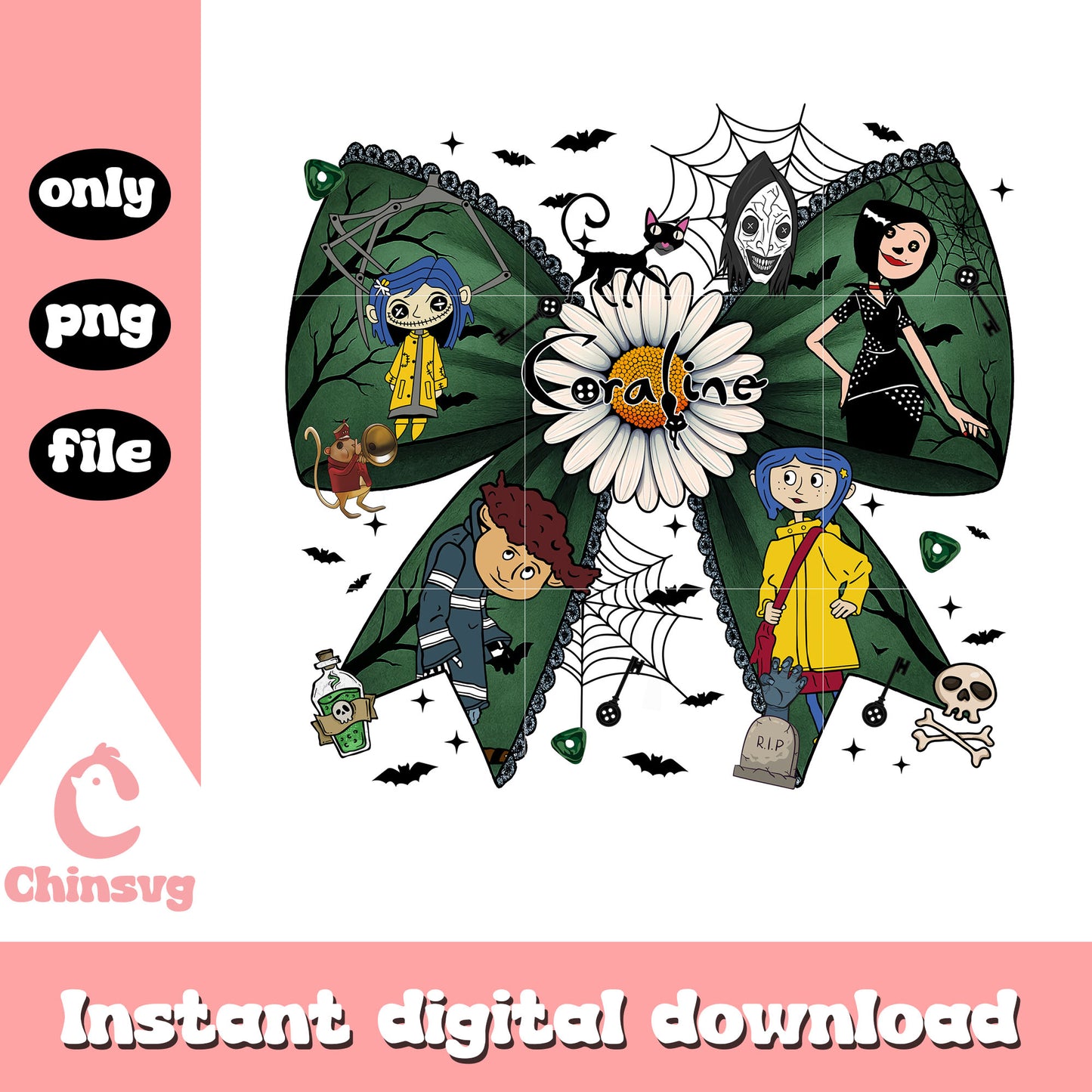 Coraline coquette ribbon halloween design png, coraline halloween png