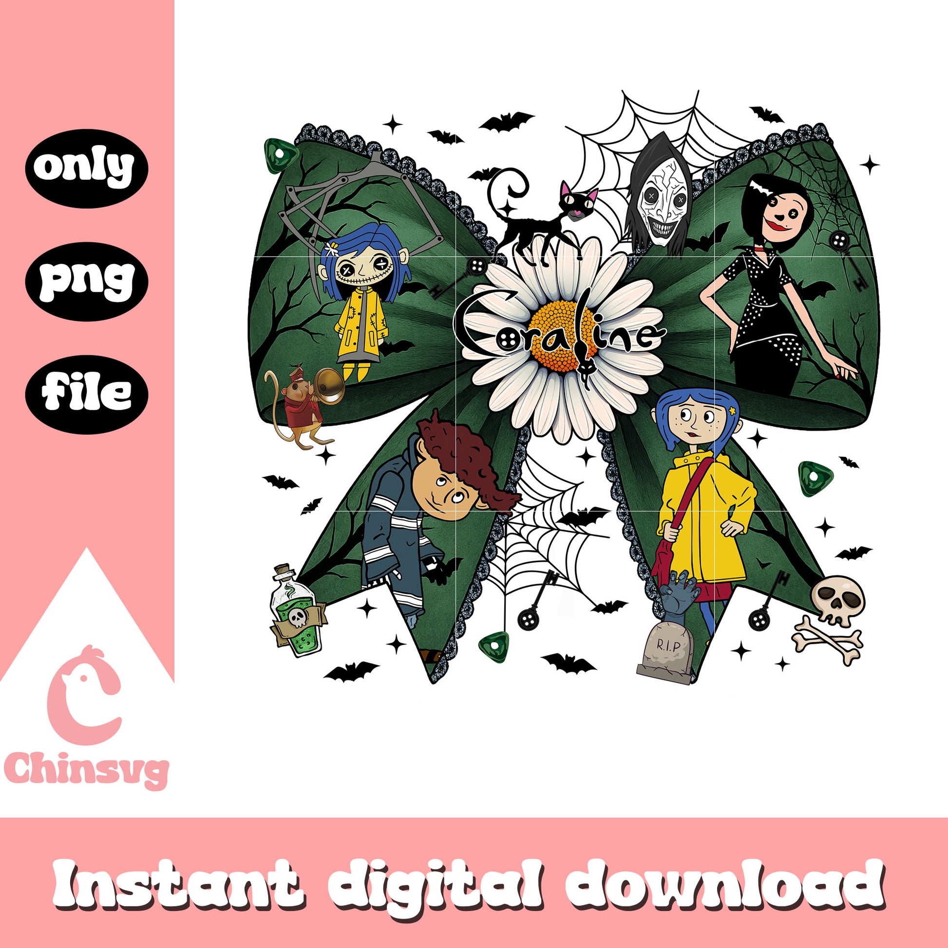 Coraline coquette ribbon halloween design png, coraline halloween png