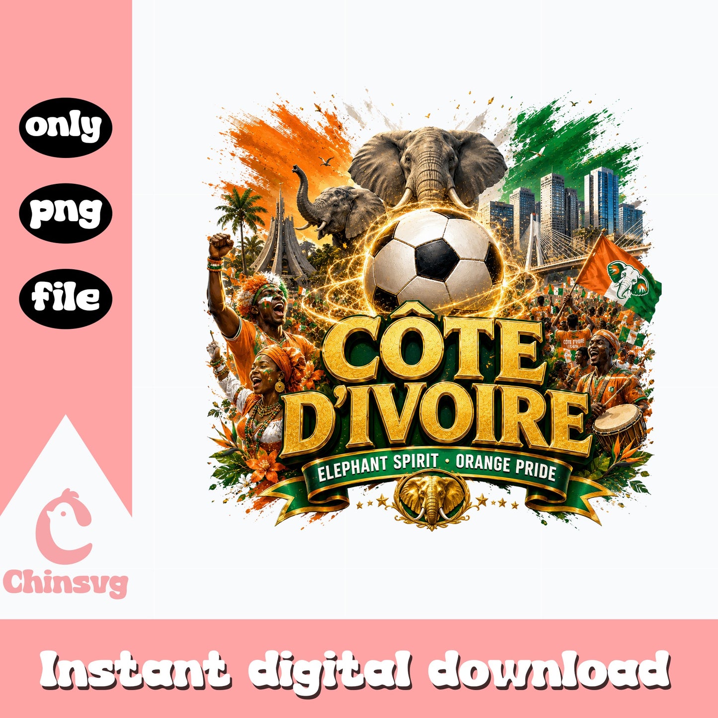 Cote D'Ivoire Soccer PNG, Elephant Spirit Football, Africa PNG