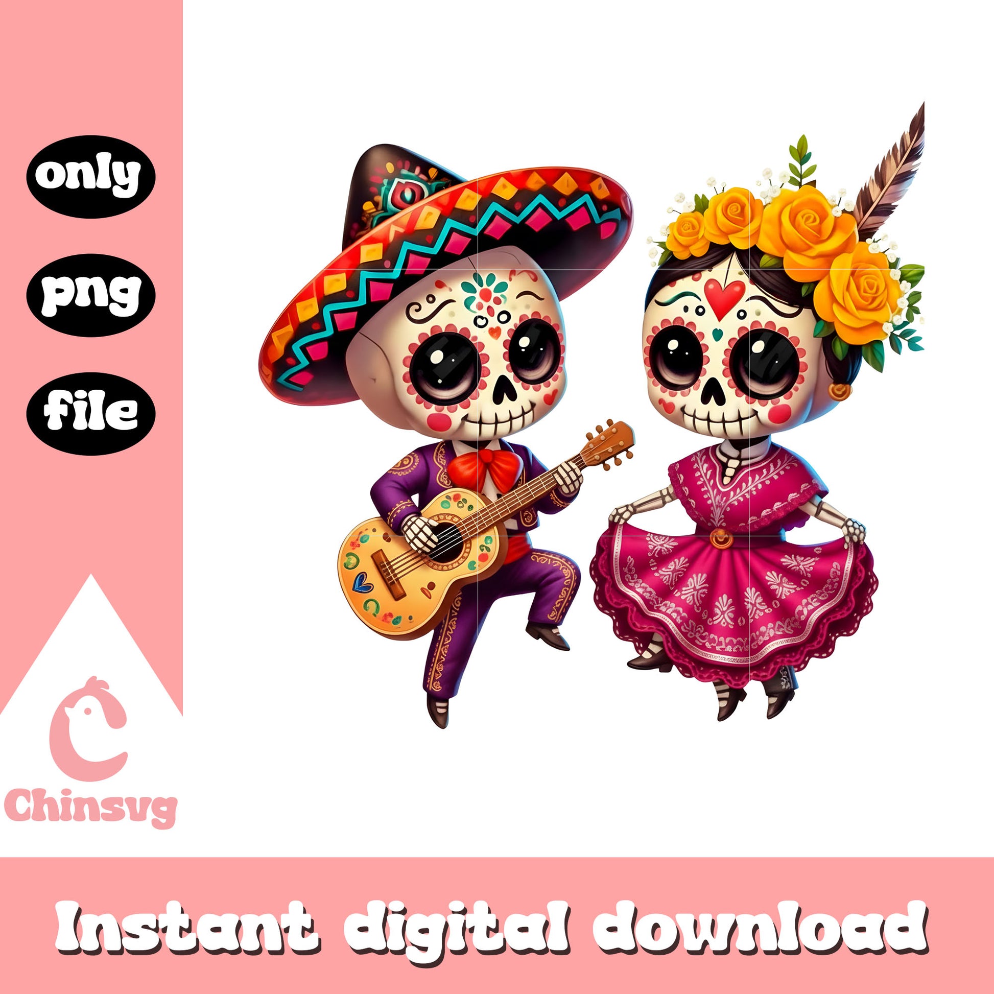 Couple chibi mexican valentine png, valentines skeleton​​ png
