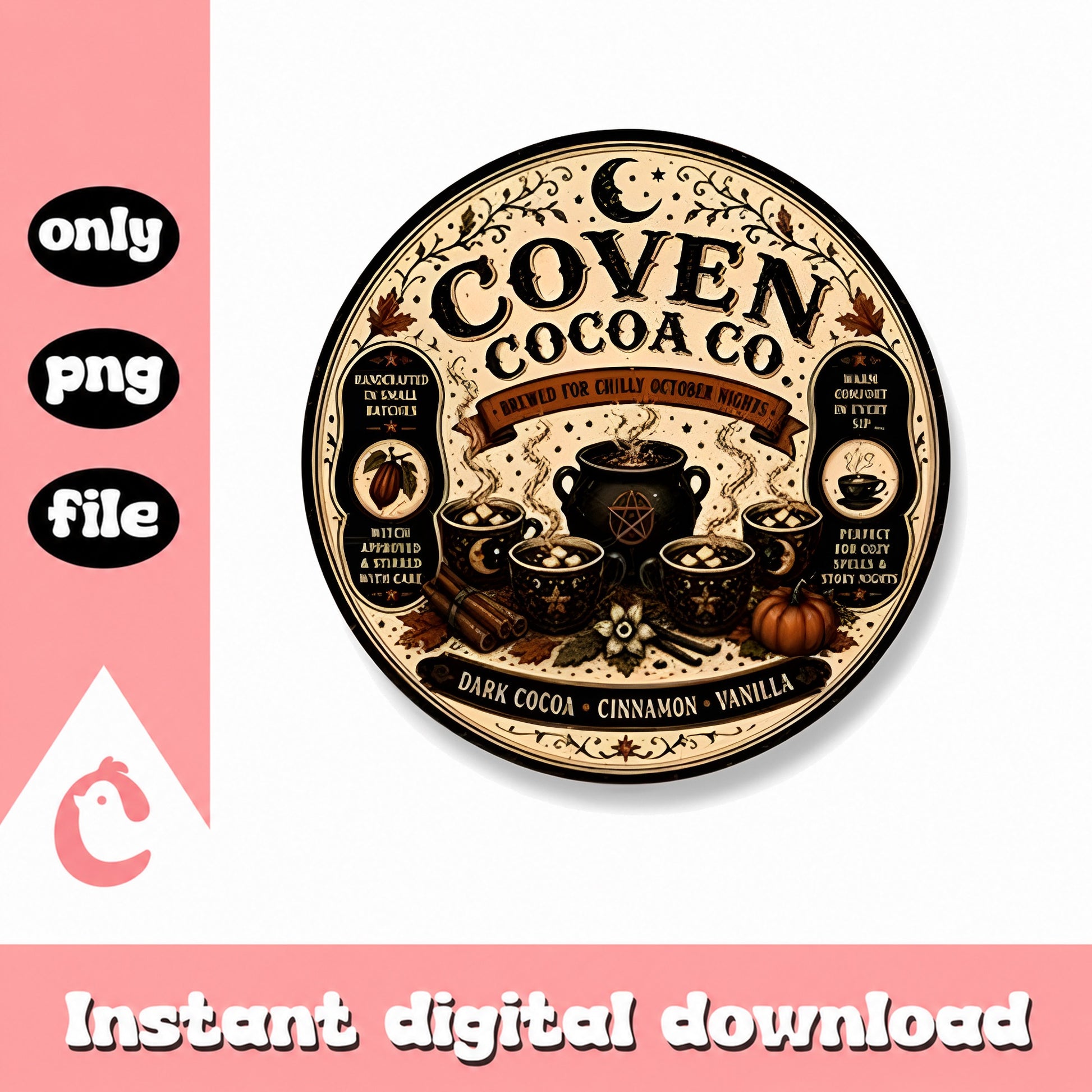Coven Cocoa Co Vintage Label PNG, Halloween Witch Decor, PNG File