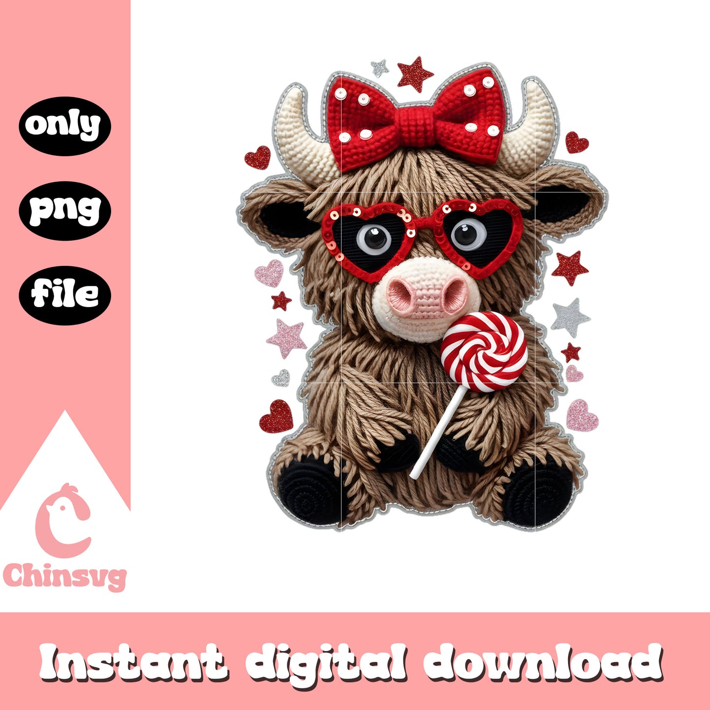 Cow bow character crochet png, valentine's day highland cow​ png