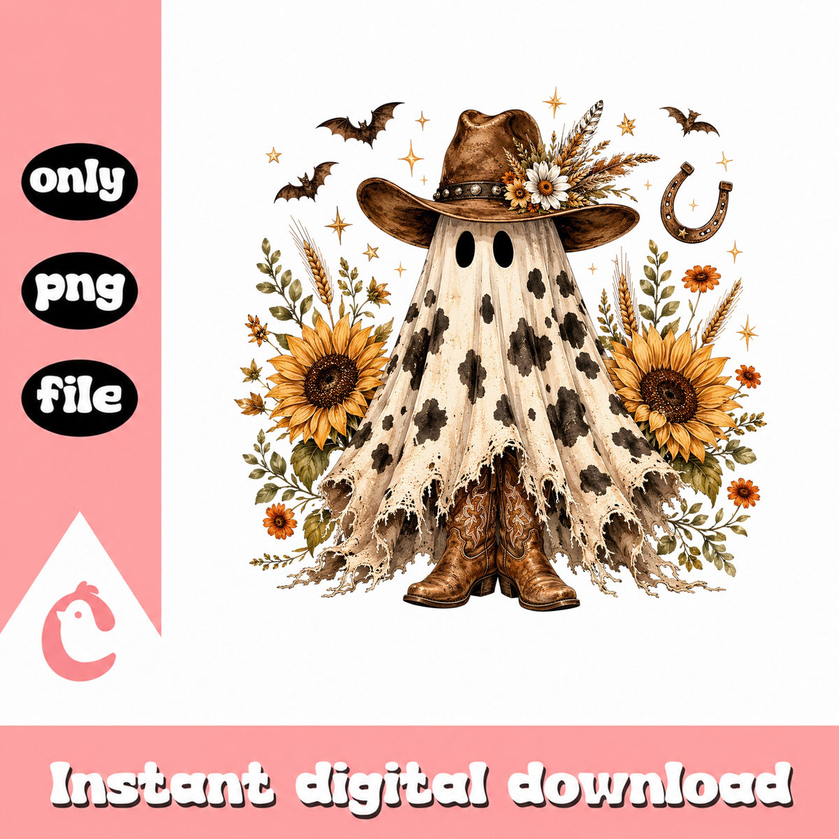Cowboy Ghost Halloween PNG, Western Ghost Sunflower PNG, Boho Ghost PNG