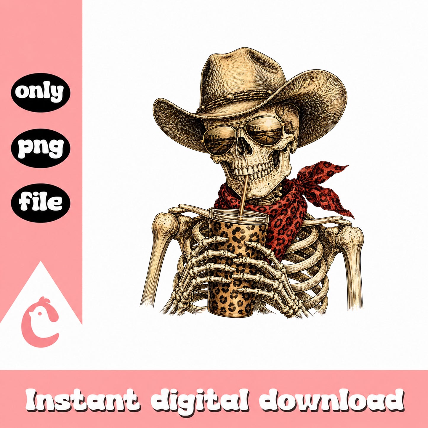 Cowboy Skeleton Drinking Coffee PNG, Western Skull, Leopard PNG