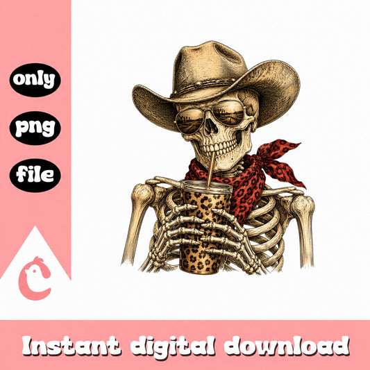 Cowboy Skeleton Drinking Coffee PNG, Western Skull, Leopard PNG