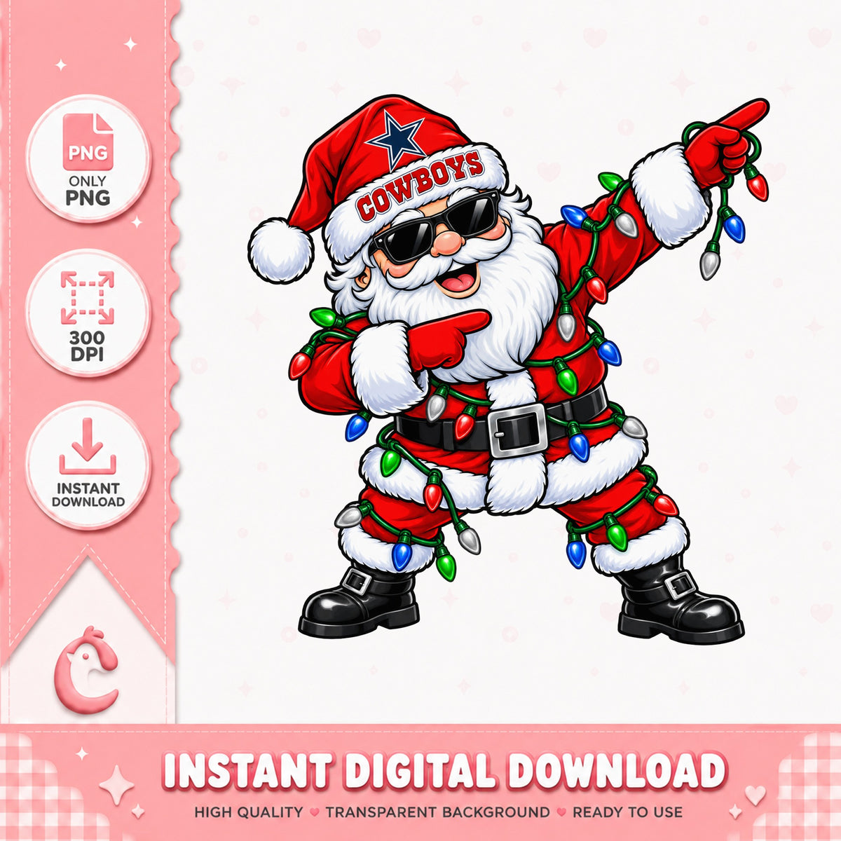 Cowboys Santa Claus PNG, Dabbing Santa Christmas Lights, PNG
