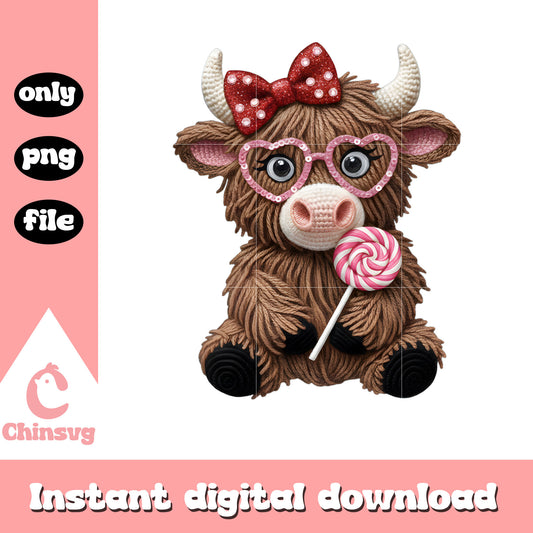 Cow candy valentine crochet png, valentines day cow​ png