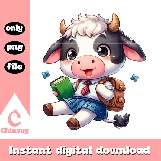 Cow cartoon character go to school png, school cartoon png
