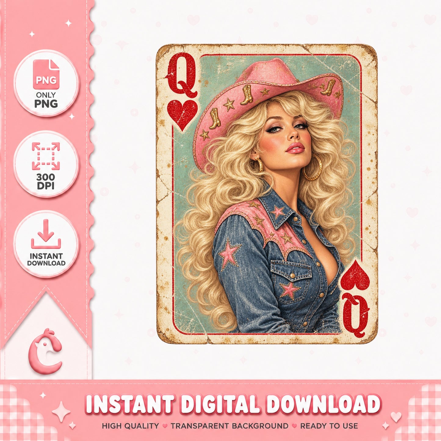 Cowgirl Queen Of Hearts Card PNG, Vintage Western Clipart PNG