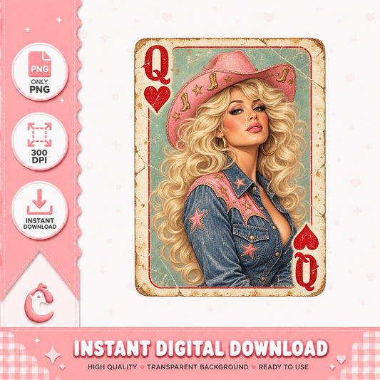 Cowgirl Queen Of Hearts Card PNG, Vintage Western Clipart PNG