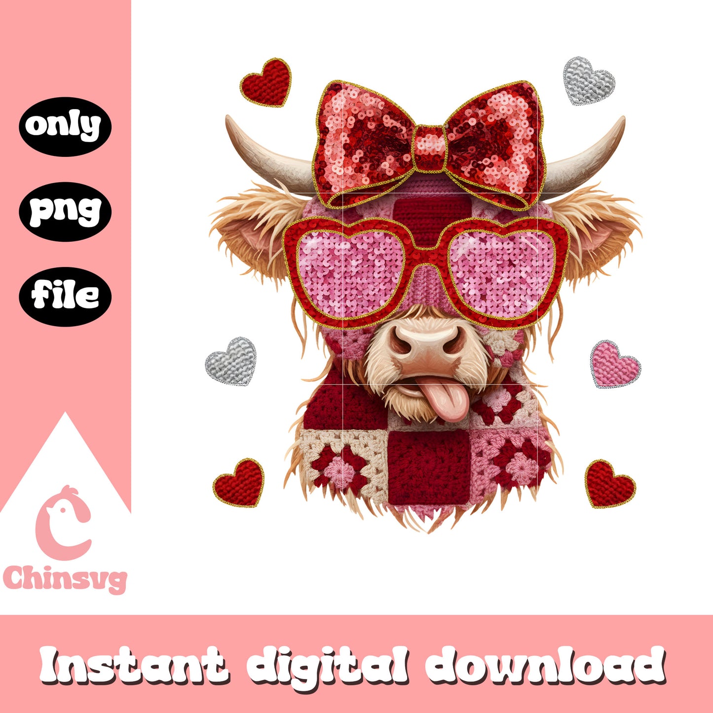 Cow glasses valentine crochet png, valentines day cow png