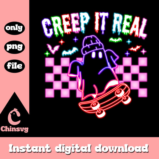 Creep it real halloween ghost skateboarding neon png, cute ghost painting png