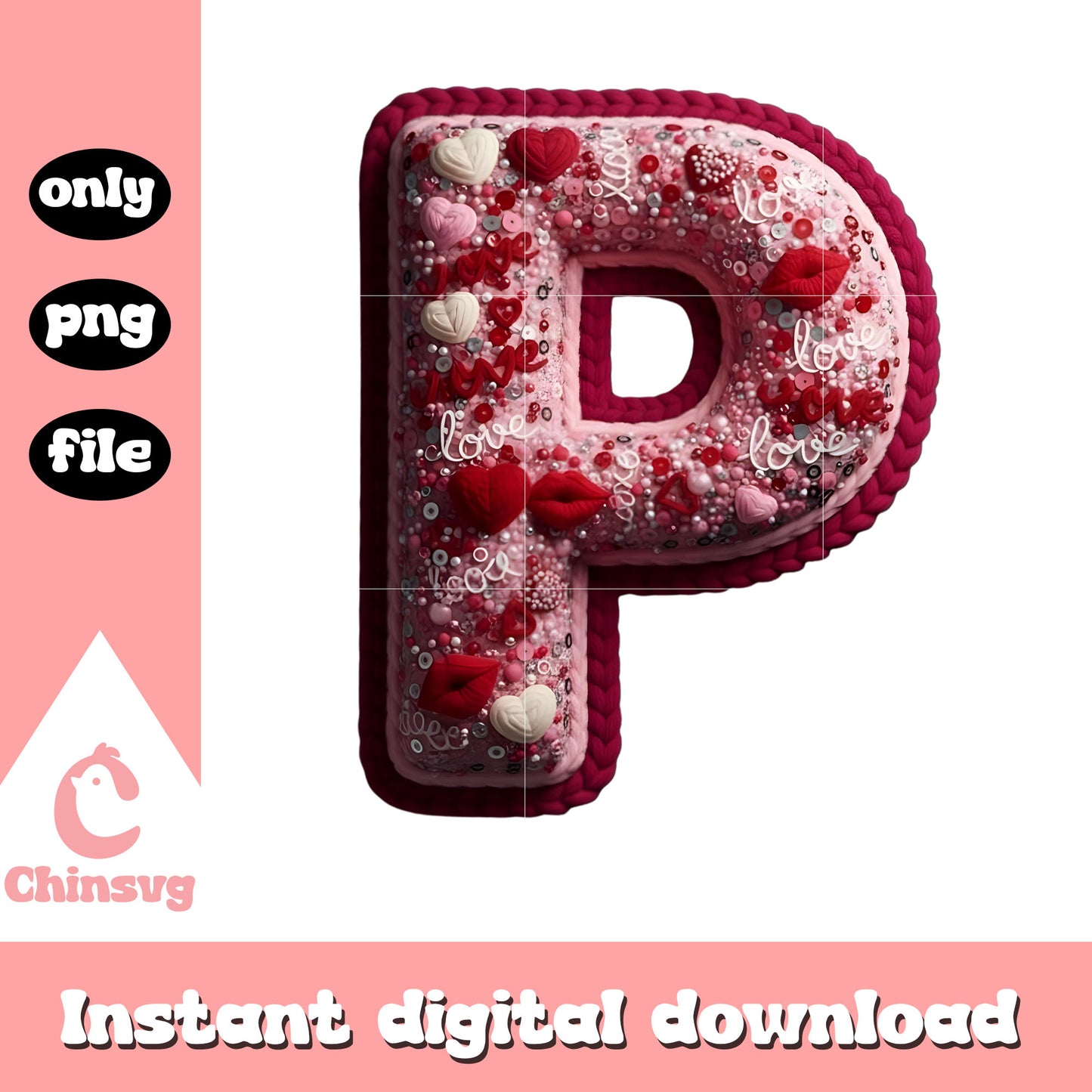 Crochet alphabet p valentine png, heart valentine's day​ png