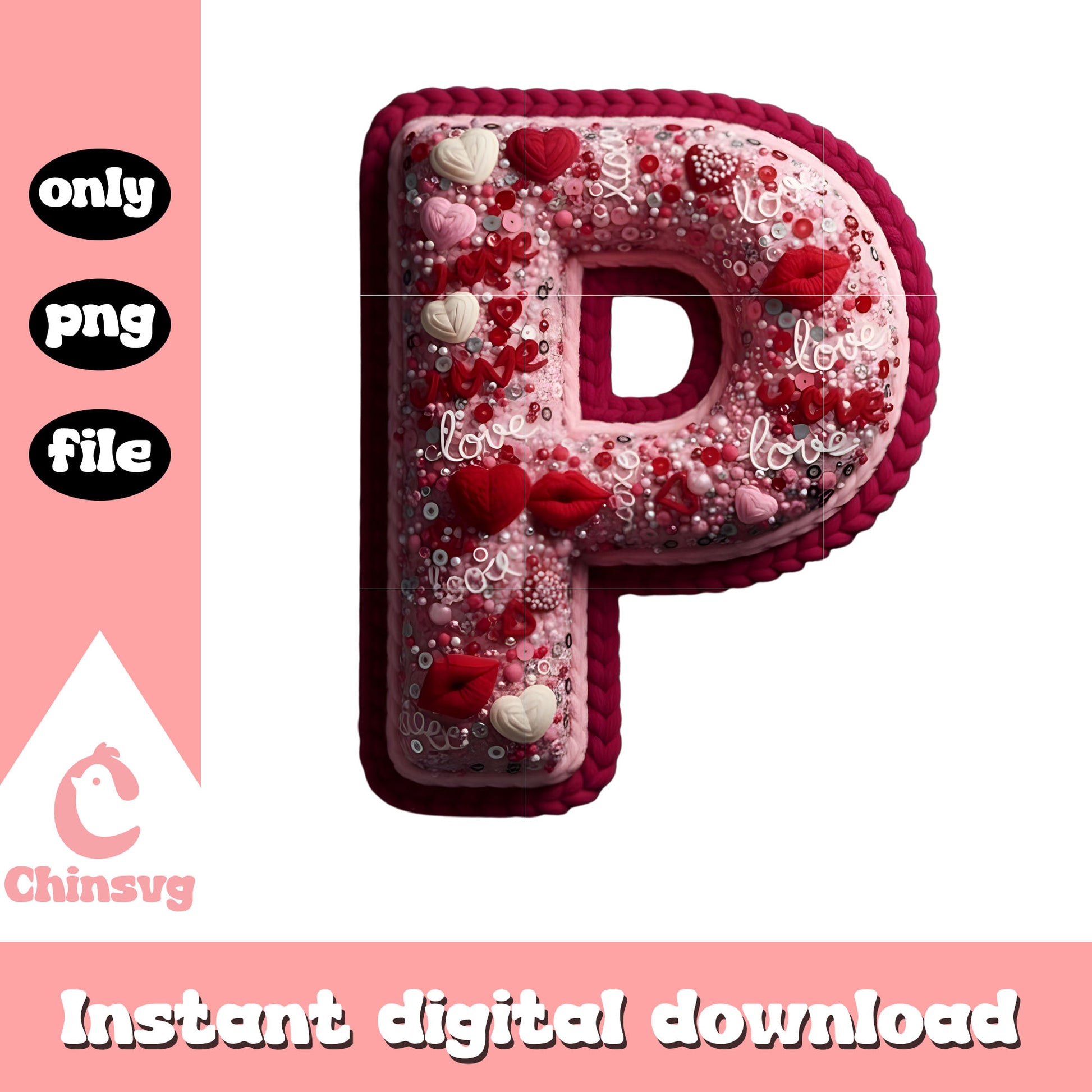Crochet alphabet p valentine png, heart valentine's day​ png