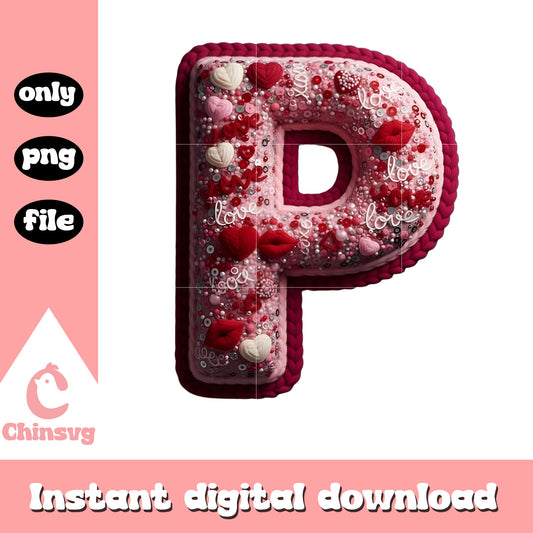 Crochet alphabet p valentine png, heart valentine's day​ png
