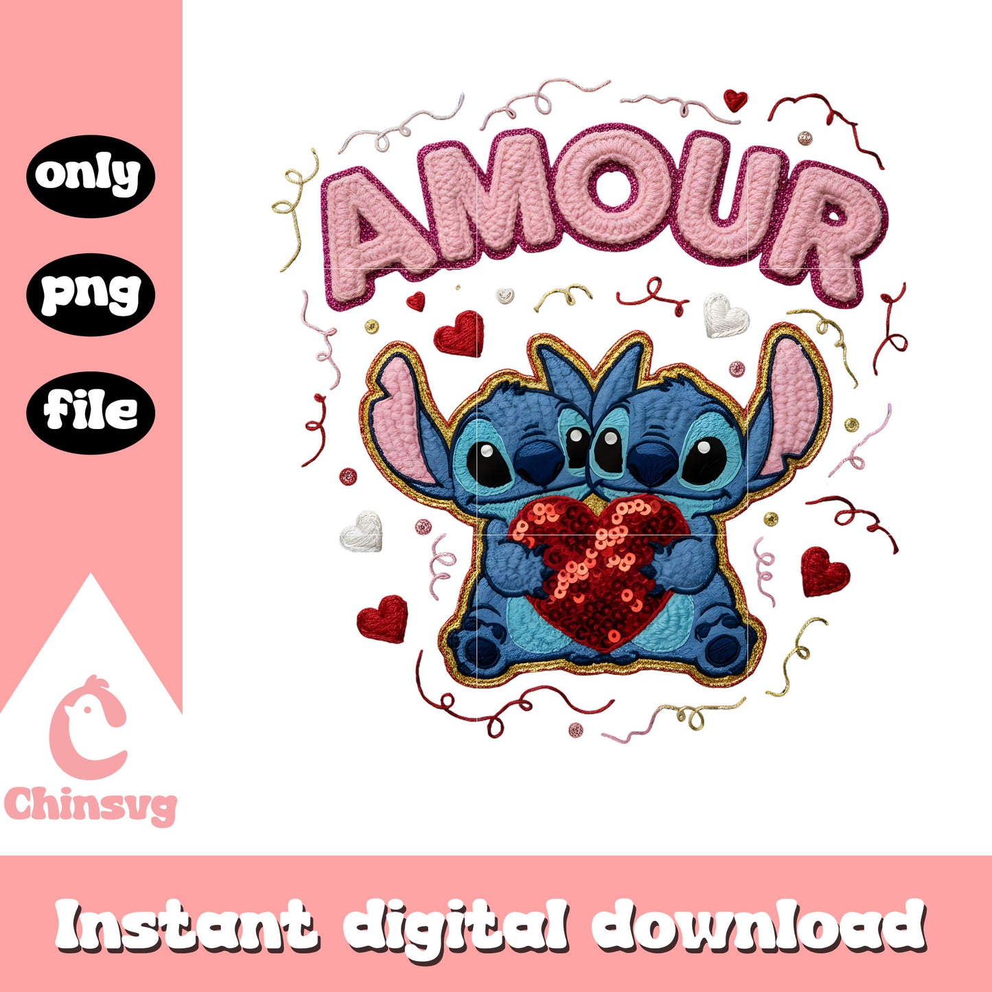 Crochet amour stitch glitter png, valentines day love​​ png