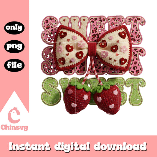 Crochet bow design strawberry png, valentines day bow png