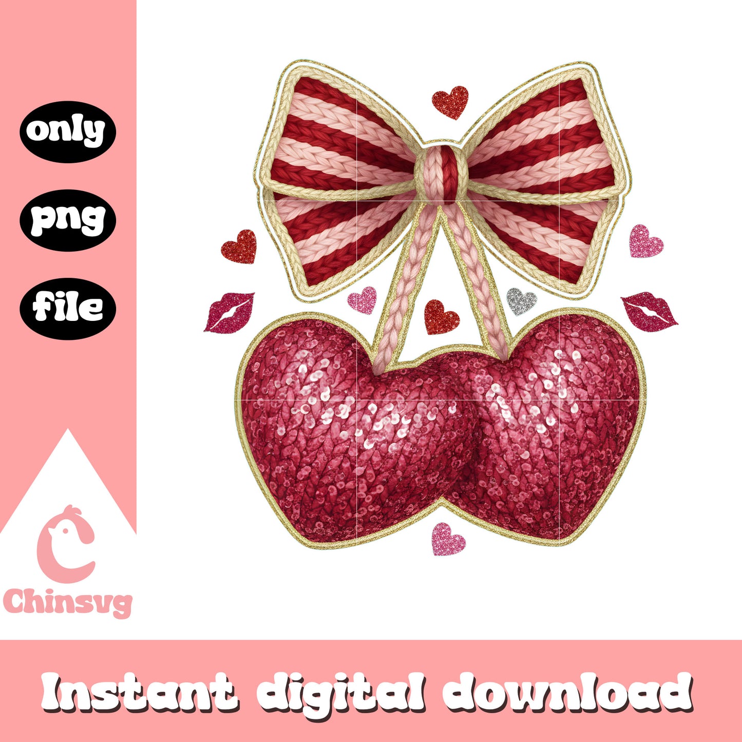 Crochet hearts cherry glitter png, valentines day love​​ png